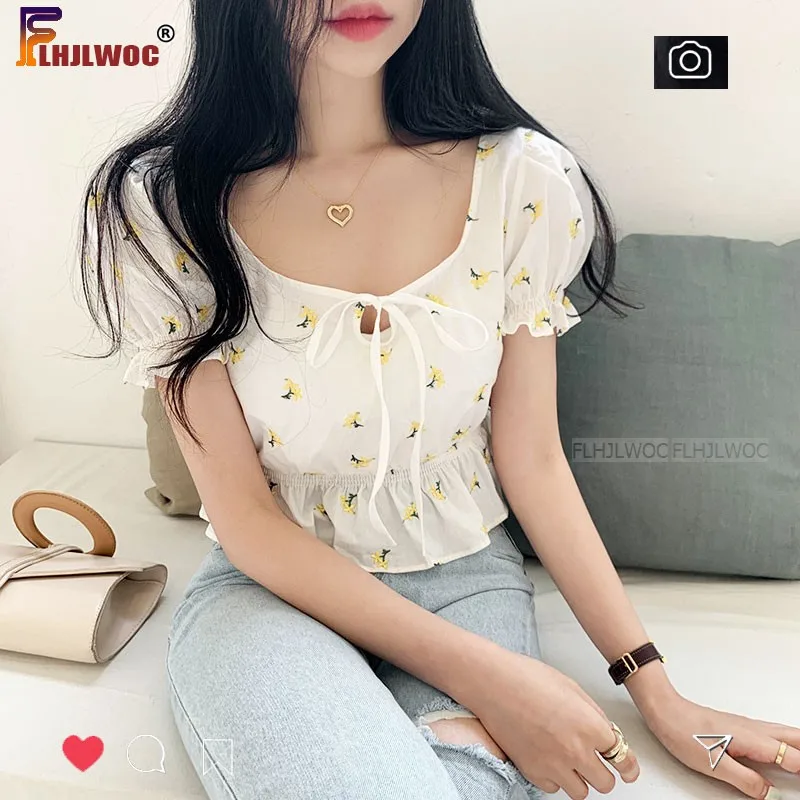Flower Lovely Cute Chic Tops Flhjlwoc Vestido Women Korea Slim Elastic Waist Peplum Blouse Shirts Lolita Bow Tie Short Crop Top