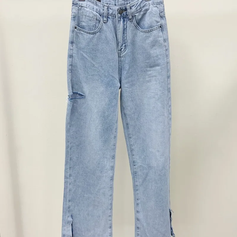 

Korean Ins Non-mainstream Stylish and Unique Long Slim Fit Cut Western Style Distressed Trousers Slit Burrs Jeans
