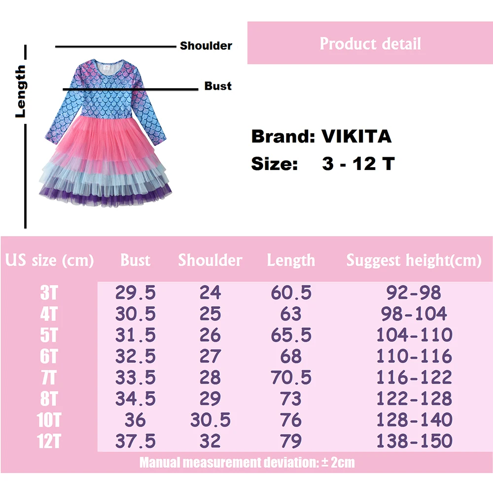 VIKITA-vestido de sirena con tut&uacute; para ni&ntilde;os, ropa de manga larga de malla en capas, disfraces de princesa, oto&ntilde;o y primavera-5