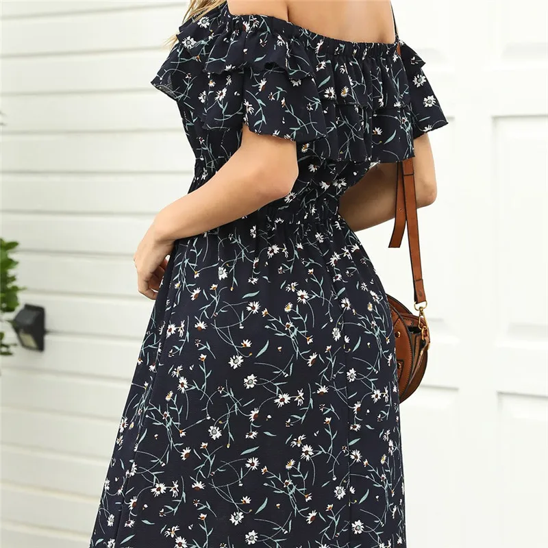 

Women Off Shoulder Floral Print maxi Dress boho dressCasual Strapless Dresses woman dress summer long Polyester dresses