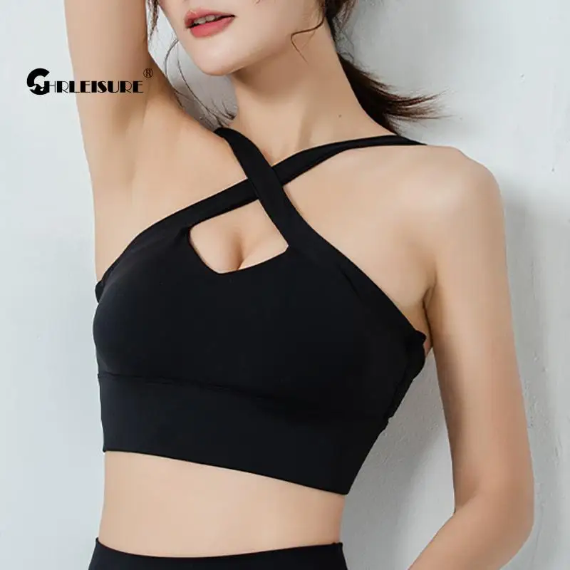 

CHRLEISURE Slim Sportswear Top Cross Shoulder Straps Back Breasted Fitness Bra Running Breathable Quick Dry Women's Underwear