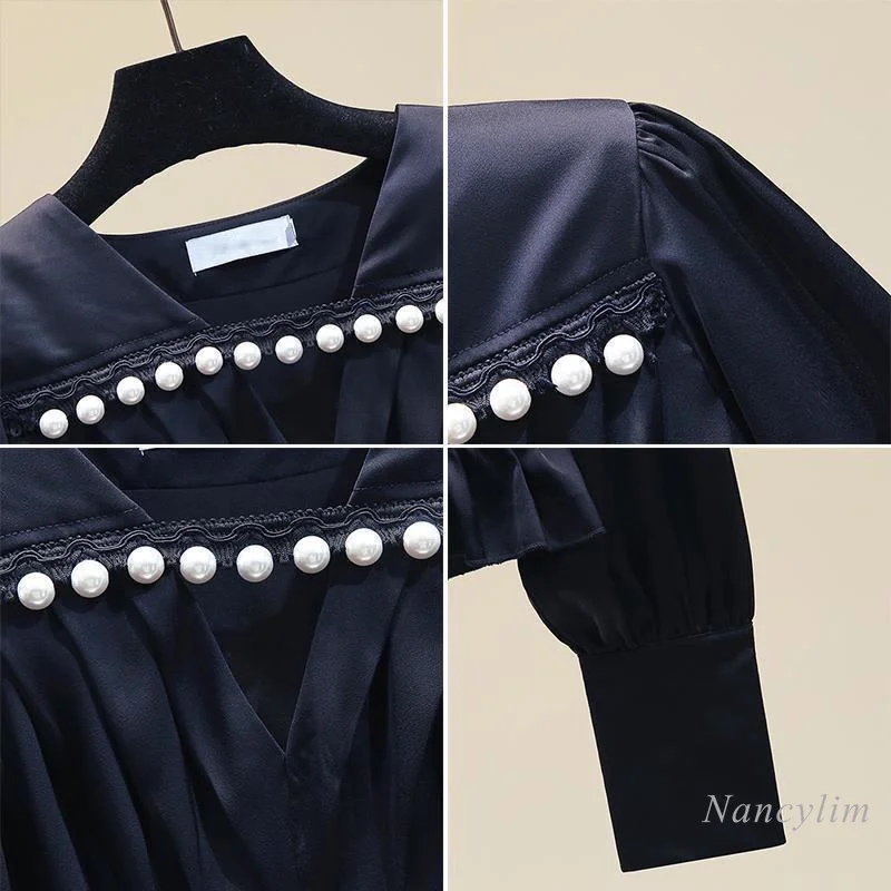 Big Pearl Beaded Blouse for Women Long Sleeve V Neck Short Satin Shirt Business Lady All-Match Slim Fit Blusas White Black