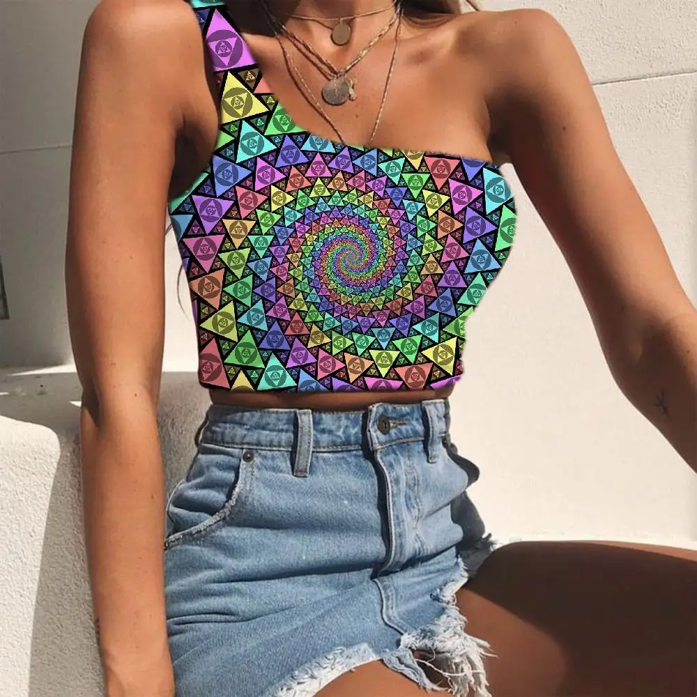 

KYKU Geometric Tank Tops Women Psychedelic Sleeveless Shirt Vortex One Shoulder Crop Triangle Tees Graphic Woman Clothes Fitness