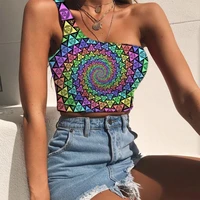 kyku geometric tank tops women psychedelic sleeveless shirt vortex one shoulder crop triangle tees graphic woman clothes fitness