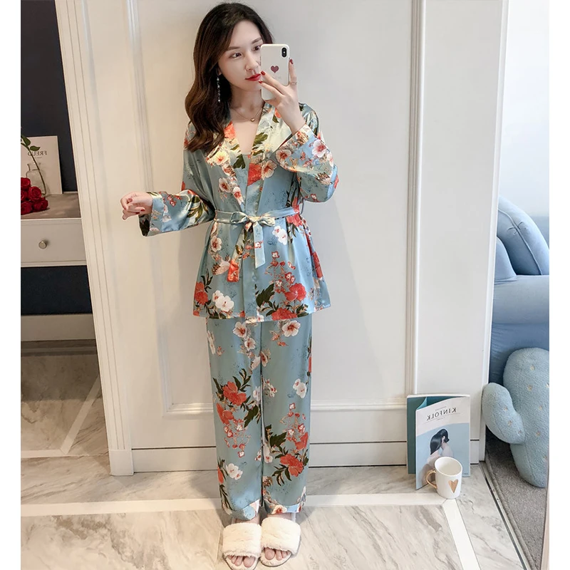 2020 New 3 PCS Women Pajamas Sets with Pants Sexy Pyjama Satin Flower Print Nightwear Silk Negligee Sleepwear | Женская одежда