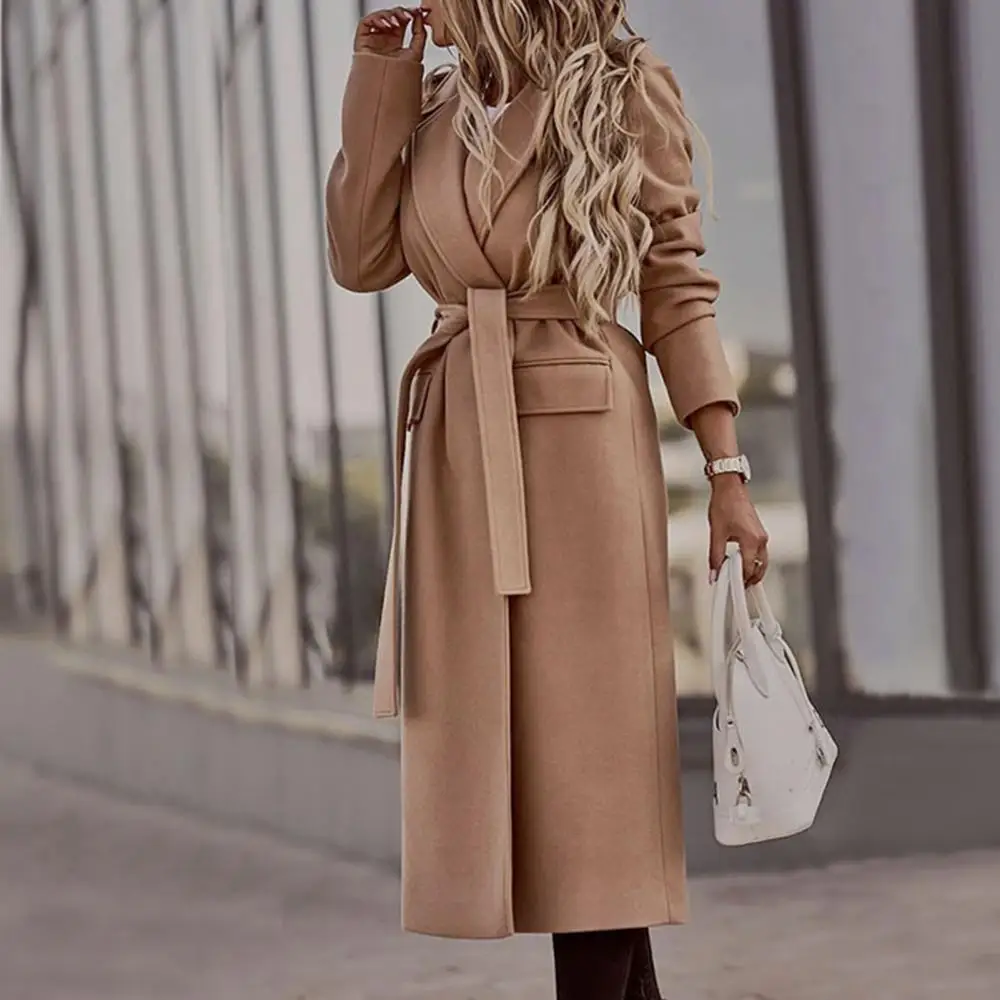 

belt coat women cardigan 2021 autumn winter female long sleeve lapel outerwear solid color