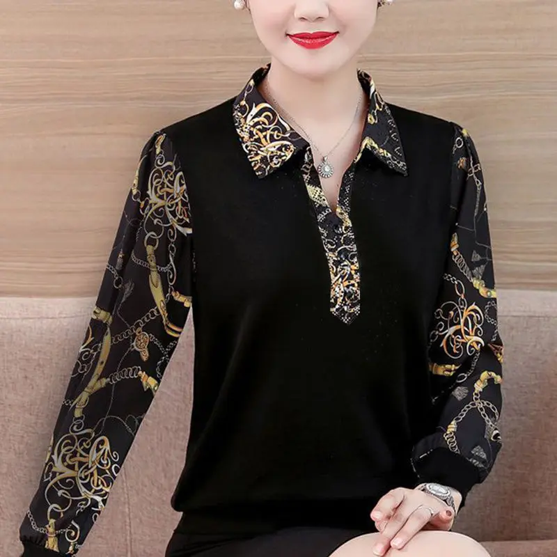 

OL Long Sleeve Loose Casual T-shirt Spring Autumn New Large Size 6XL Middle-aged Mother Bottom Shirt Women Top