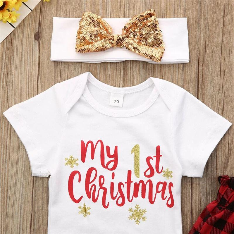Hot Sale Baby Christmas Outfits My First Girl Boys Clothes Set Cute Bodysuit+Plaid Pants+Headband | Детская одежда и обувь