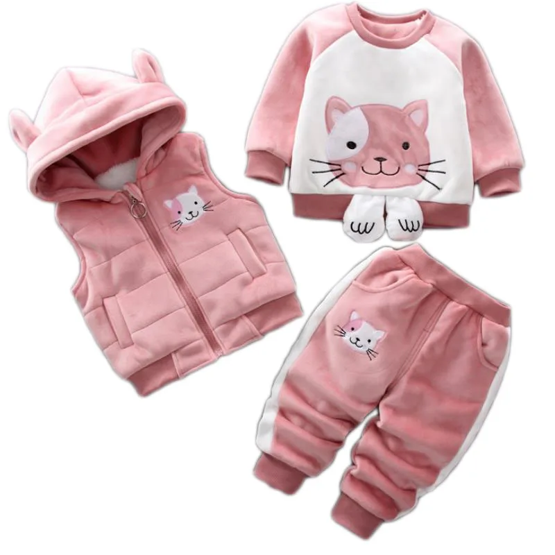 Baby Boys Girls Warm Set Winter Cartoon cat Kids Thickening Hooded Vest+Sweater+Pant Three-piece Sport Suits Children Clothing