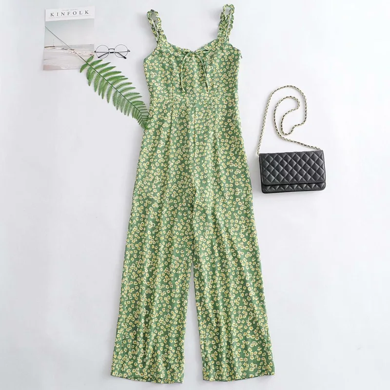 Женский цветочный комбинезон с широкими штанинами уличный повседневный принтом