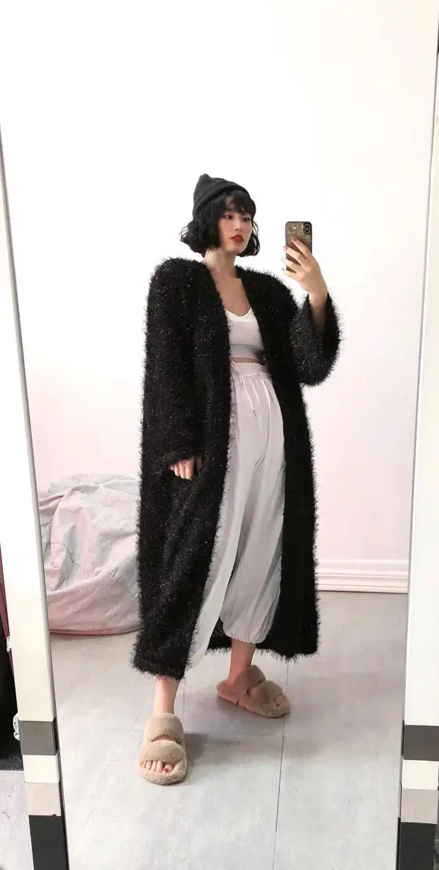 

SuperAen Original Retro Solid Long Casual Coat Loose Knit Bright Silk Sweater Cardigan Women Autumn