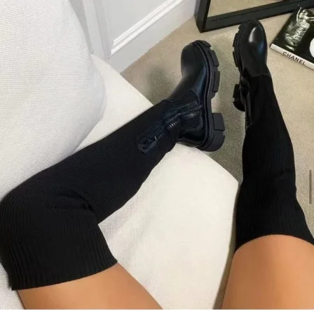 

Flats Shoes Thick Sole Boots Autumn Winter Breathable Knitting Sock Upper Women Thigh High Boots Stretch Round Toe Plus Size