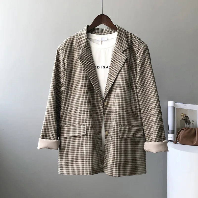 

Vintage Women's Plaid Suit Coat 2021 Autumn New Notched Collar Double Breasted Loose Straight Women Blazer Jackets Outwear Tops