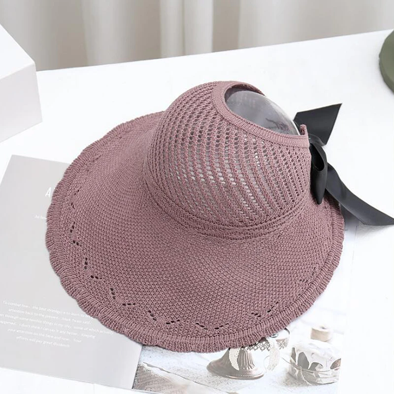 

TIANYIN Summer,Fall Women's Sunshade Breathable Empty Top Hat Foldable Beach Cap Hollow Knitted Hat Female Sweet Bow Sun Hat