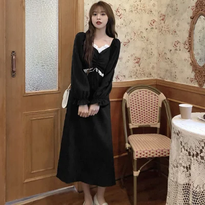 

CMAZ Dress For WomenFrench Style Gentle Drawstring Lace Long Sleeve Mid-Length