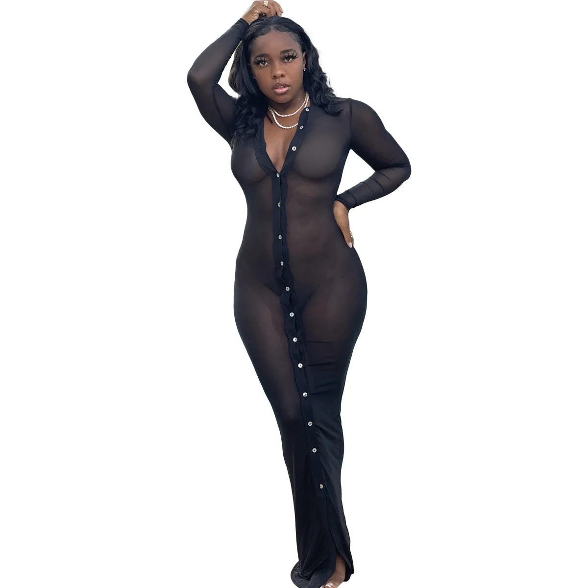 Осеннее Клубное Сетчатое прозрачное черное платье для женщин 2021 облегающее на