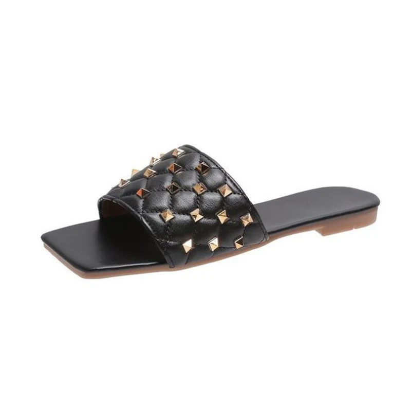 

Sapatos De Mujer Summer 2020 New Large Size 35-42 Square Head Flat Bottom Women's Sandals Fairy Style Rivet Wear Women's Slipper