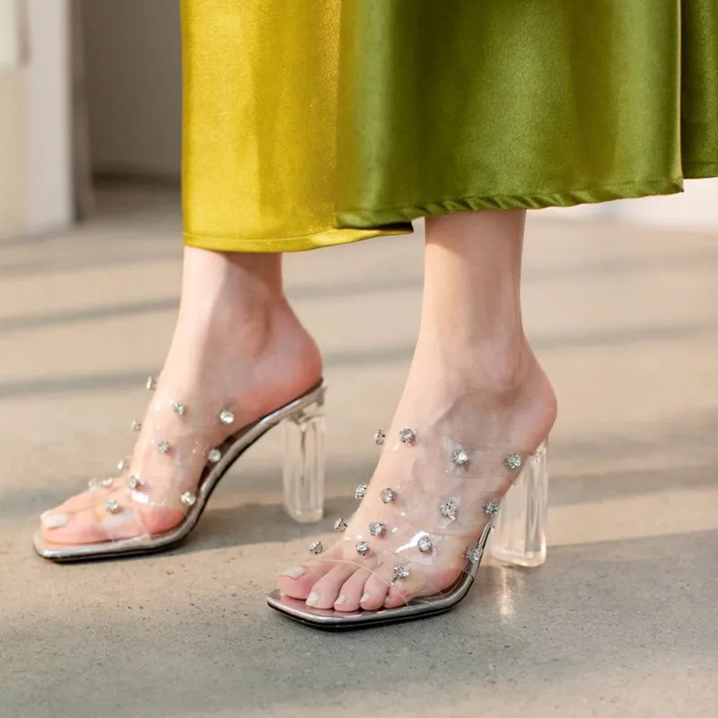 Elegant Clear Rhinestone High Heels Slippers Women Sparkly Crystal Transparent PVC Sandals High Heels Slides Wedding Party Shoes