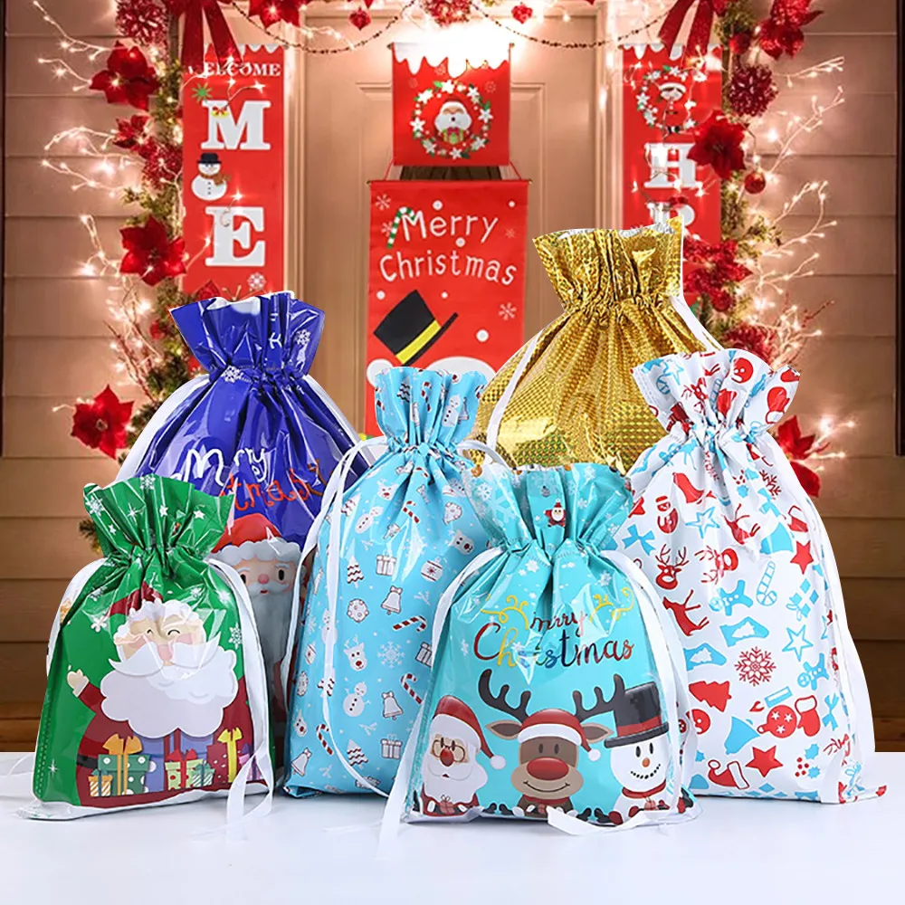 

30pcs Gift Drawstring Bags Christmas Present Wrap Wedding Birthday Party Candy Bag Christmas Tree Santa Claus Elk Xmas Gift Bags