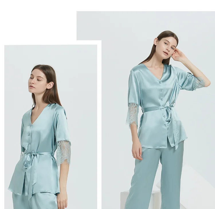 22 Momme 100% Silk Pajamas Lace Sexy Mulberry Silk Nightwear V-Neck Sleepwear Solid Color Half Loungewear Women with Belt