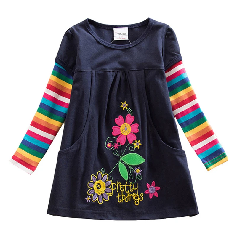 VIKITA Girls Flower Dresses Children Cotton Dress Long Sleeve Autumn Winter Cartoon Kids For Roupa Infantil Menina | Детская одежда и