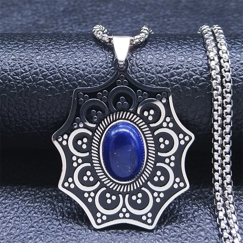 

Bohemia Flower Stainless Steel Lapis Lazuli Chain Necklace Women Silver Color Necklace Jewelry collar piedras naturales N3716S04