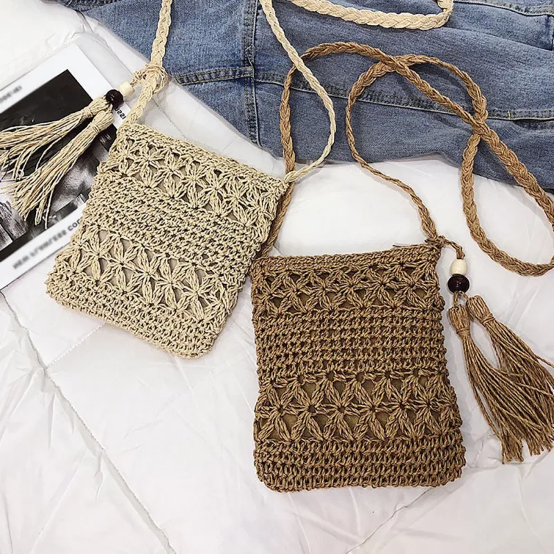 

Women Woven Rattan Bag Straw Shoulder tassel Bag Solid Color Crossbody Bag Beach Casual Holiday Bag
