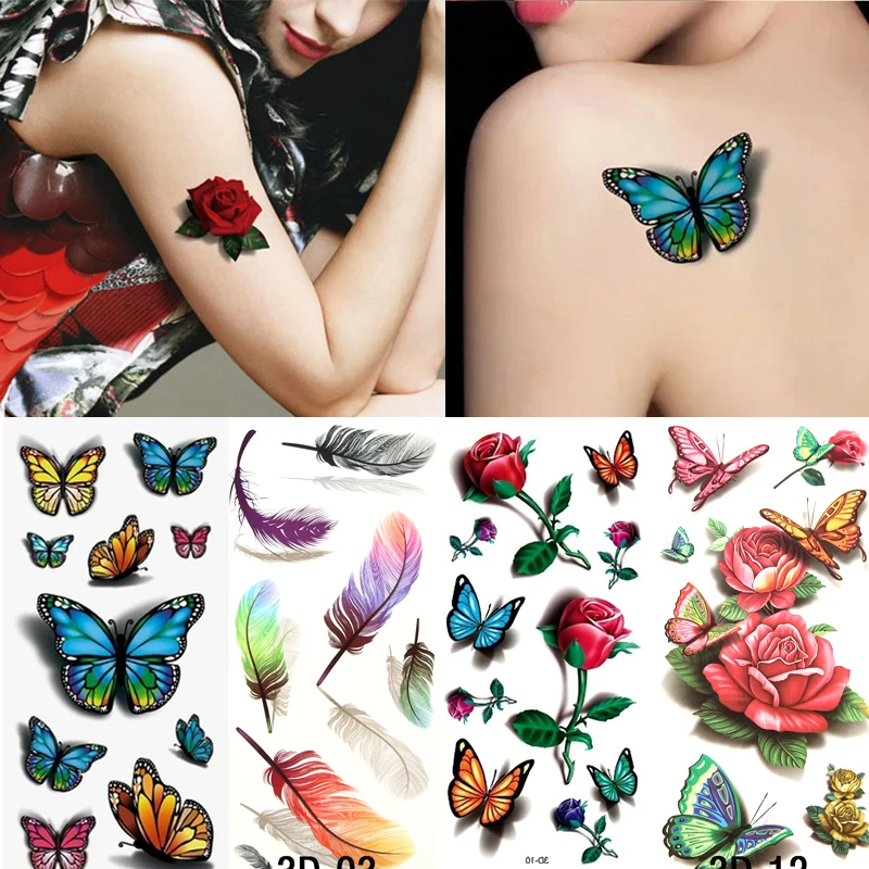 10-3pcs Sexy Colorful Rose Flower Water Transfer Temporary Tattoos Sticker for Women Girls Body Art Waterproof Temporary Tattoos