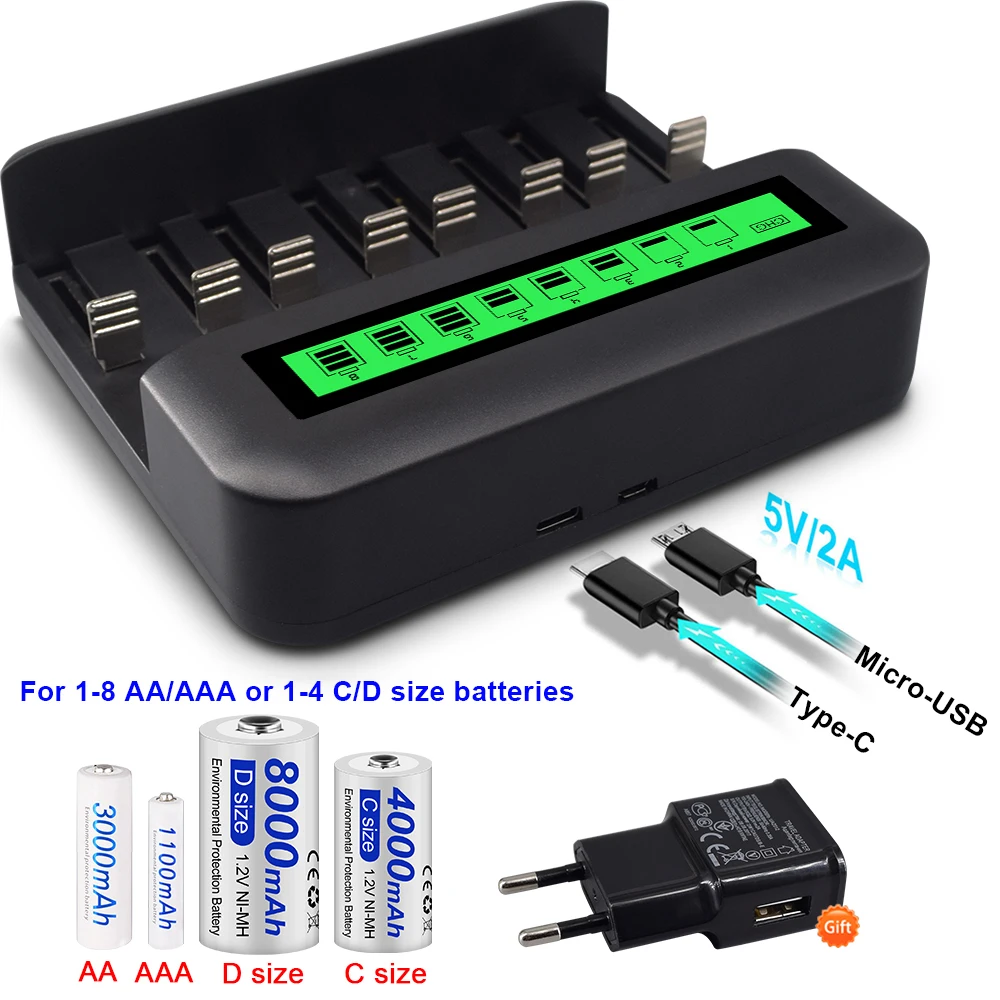 

8 Slots Charger LCD Display Type-C USB Fast Smart Battery Charger for 1.2V Ni-MH AA AAA C D Size 9V Rechargeable Battery