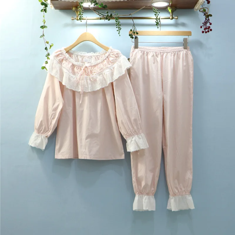 

New Style Pajama Lady Cotton Shuttle Woven Fabric Palace Style Long Sleeves Embroidered Royal Cotton Sleepwear Sleep Set 2PCS