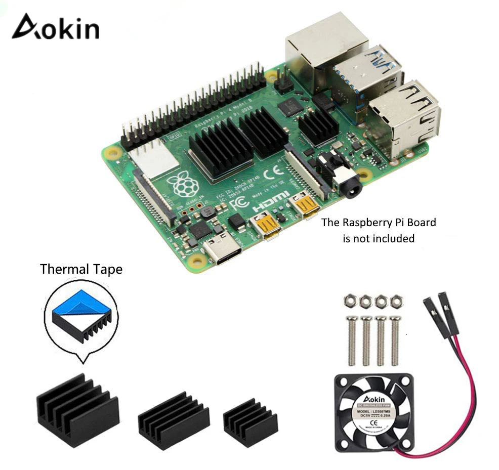 

Aokin Raspberry Pi 4 Heatsink, Raspberry Pi 4 Cooling Fan Kit with 8810 Thermal Conductive Adhesive Tape For Pi 4 Model B/Pi 4B
