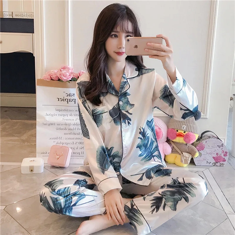 

Women Pyjamas Autumn Flower Printed Satin Silk Pajama Set Rayon Sleepwear Long Sleeve Trousers Nightwear Suit Plus Size 5XL