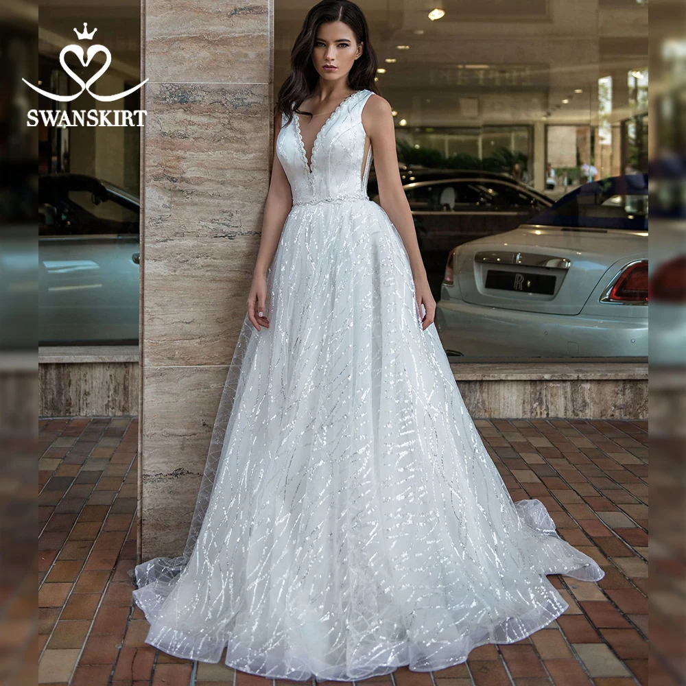 Потрясающее Свадебное Платье трапециевидной формы с бусинами Swanskirt AW05 Атласное