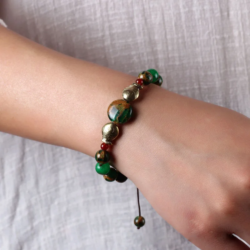 Новый оригинальный зеленый браслет с фиолетовыми кристаллами этнический ручной