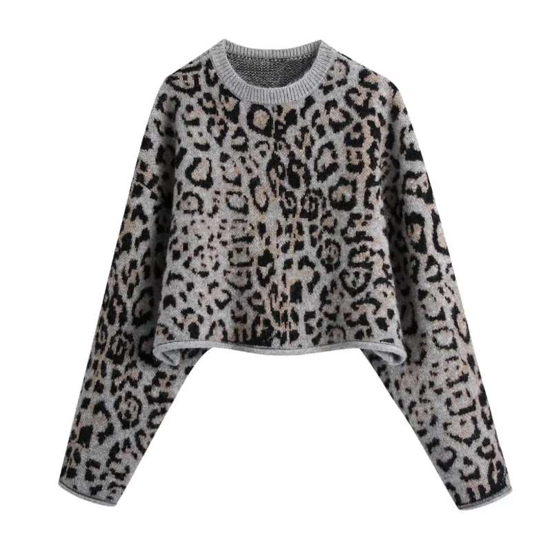 

Women Leopard Jacquard Knitted Short Sweater Female Long Sleeve Pullover Casual Lady Loose Crop Tops SW1518