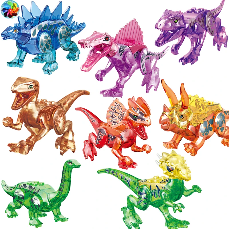 

8Pcs Transparent Crystal Assemble Building Blocks Dinosaur World T-rex Triceratops Raptor Model Bricks Toys for Children Gift