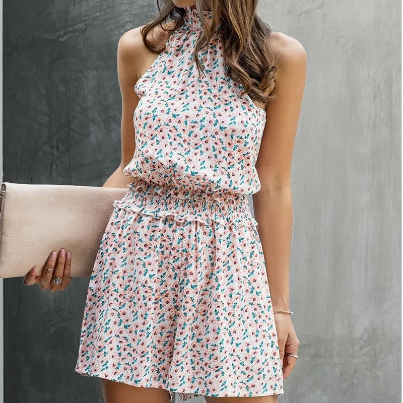 

2020 Women Summer Floral Print Jumpsuit Shorts Casual Sleeveless Halter Beach Rompers Ruffles Holiday Jumpsuits Femme Playsuits