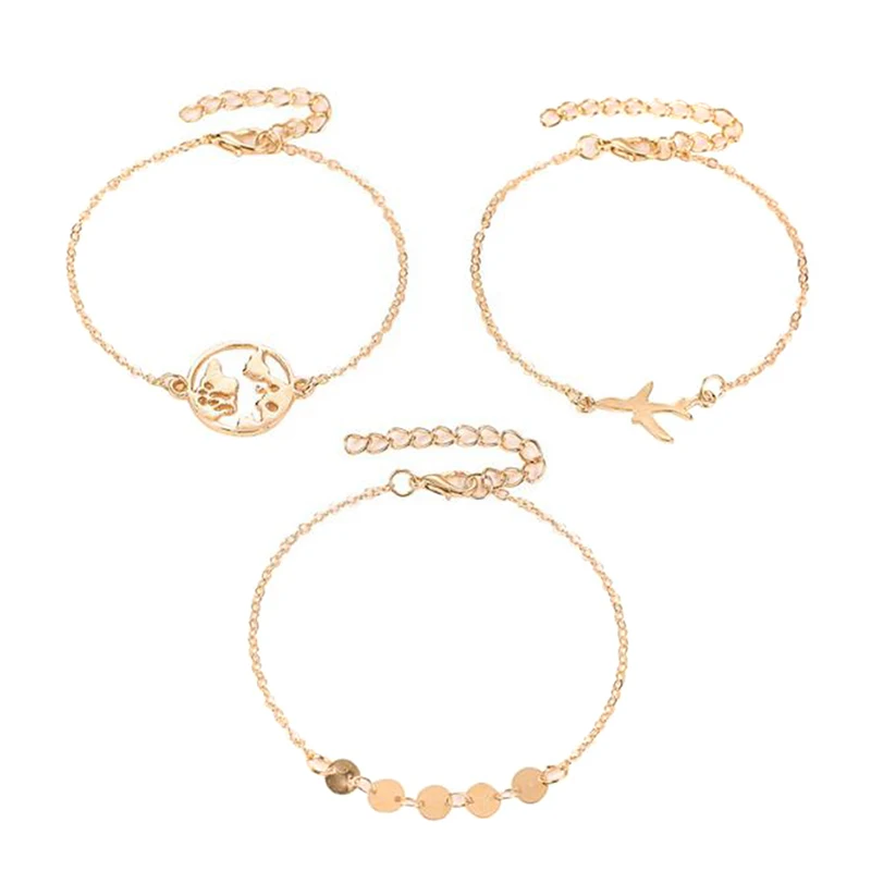 

3PCs/set Map Airplane Charm Bracelets For Women Gold Crystal Wrist Chain Cool Fashion Hand Jewelry Female Bracelet