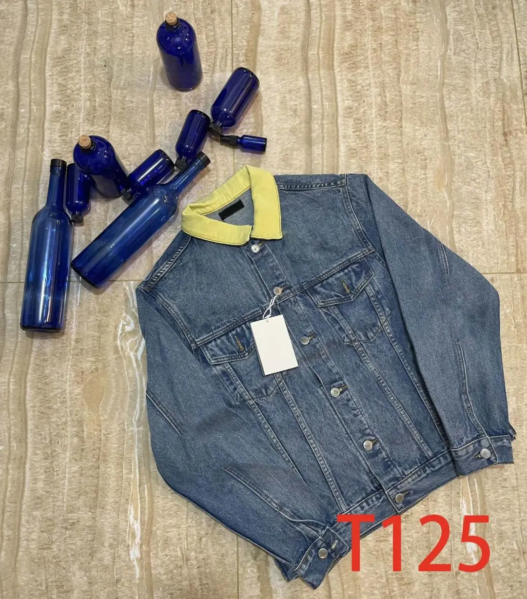 

T125 Classic and leather yellow neckline contrast color and leather cross couple denim jacket jacket Letters fashion fresh