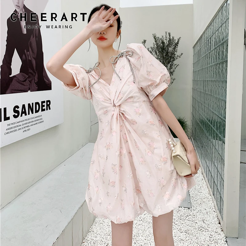 

CHEERART Diamond Bow Tie Loral Dress Women Short Sleeve V Neck Summer Ball Gown Kink Mini Dress Korean Fashion Clothing