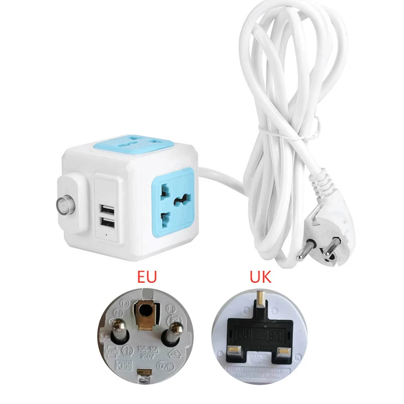 EU UK Plug Network Filter Multi Powercube Power Strip Main Switch 4 Universal Outlet 2 USB 2/3M Extension Cord Adapter | Электроника