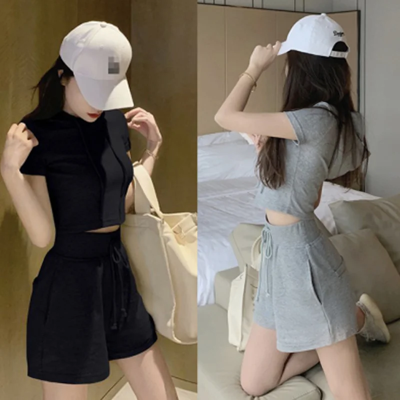 

Casual Solid Color Sports Suit Women Summer Fashion Wide-leg Short-sleeved Two-piece Fitness Yoga Clothes Shorts Women