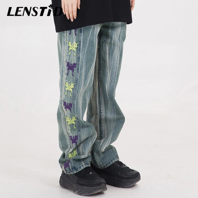 LENSTID 2020 уличная хип хоп мужские джинсовые брюки с вышивкой бабочки черные