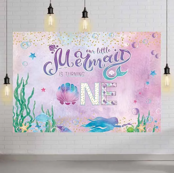 

Our Little Mermaid Is Turning One Backdrop for Baby Girls First Birthday Party Photography Background Summer Under The Sea Props