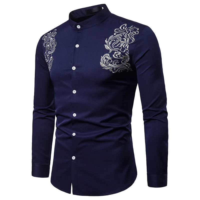 

Brand 2018 autumn new men's shirt embroidered Henry collar large size casual Slim long-sleeved top shirt camisa masculina