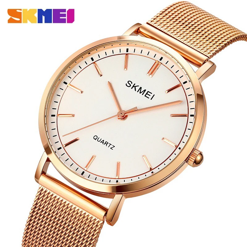 SKMEI бренд из нержавеющей стали Тонкий сетки Роскошные Кварцевые часы модные