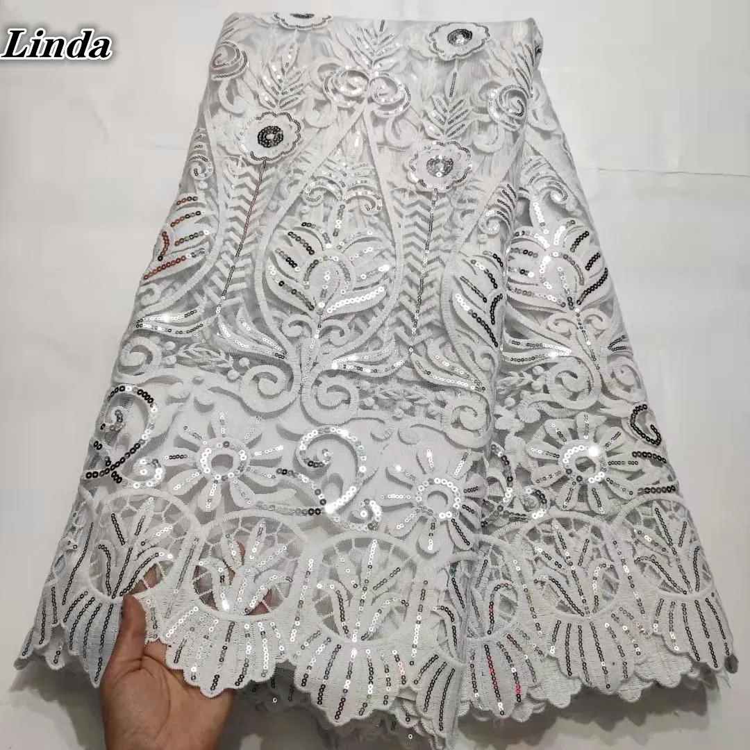 

Linda White African Lace Fabric With Sequin 2021 High Quality Lace Nigerian Embroidery Lace Fabrics For Wedding Sewing dress