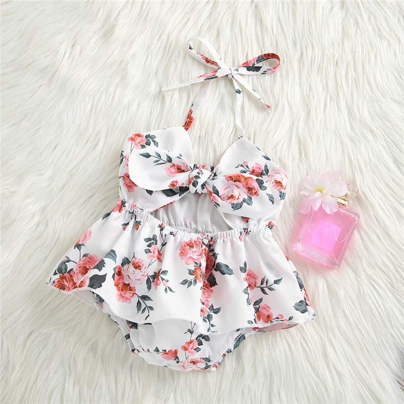 

2021 Baby Floral Print Bodysuits Girls Sleeveless Hollow Out Sling Jumpsuit with Bow-knot for Summer Lovely Girls Clothing
