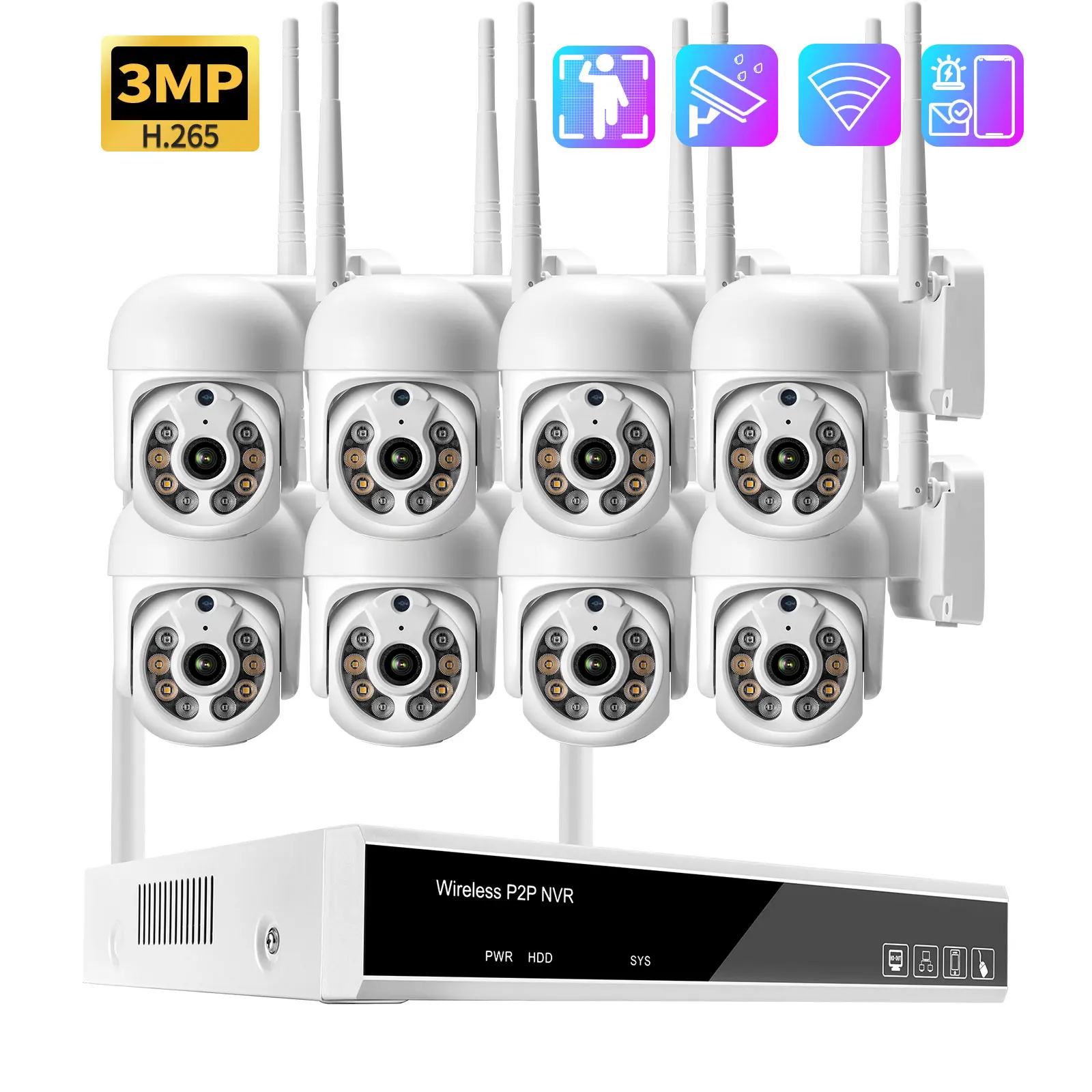 8CH 3MP HD Display PTZ Wireless CCTV System Color Night Vision P2P IP Security Camera Outdoor NVR Video Surveillance Kit