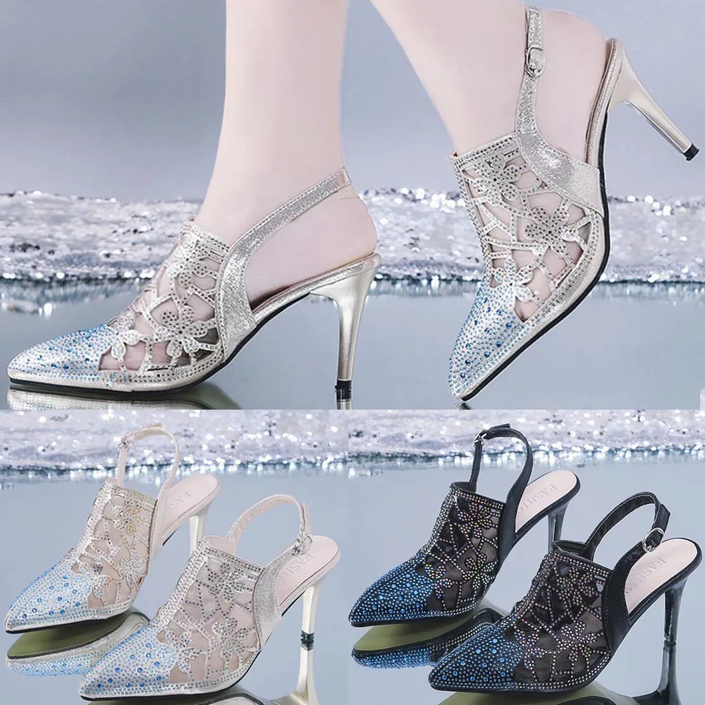 

Sandals Woman Shoes Crystal Pattern Buckle Pointed Toe High Heel Mesh Fashion Creativity Sandals Women Summer Shoes